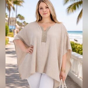 JM Collection Beaded Embellished Sugar Sand Gauzy V Neck Tunic Top Poncho 1X NWT